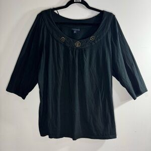 Tommy Hilfiger 2X Embroidered Beaded Neckline Top Black Cotton